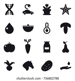 16 vector icon set : dna, electric car, flower, starfish, drop, cauldron, flour, pear, beet, horse, potato, hand and drop