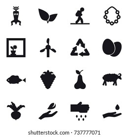 16 vector icon set : dna modify, tourist, hawaiian wreath, flower in window, berry, pear, sheep, beet, hand leaf, sow, hand and drop