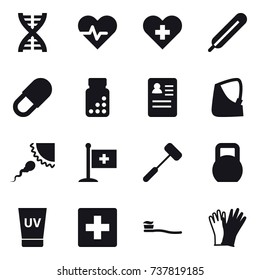 16 vector icon set : dna, uv cream, first aid, tooth brush, gloves