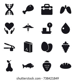 16 vector icon set : dna, chicken leg, drop, garlic clasp, grape, pear, fish, strawberry, bread