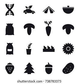 16 vector icon set : dna, eco car, tent, cauldron, mushroom, flour, seedling, flower, strawberry, spruce, acorn, potato