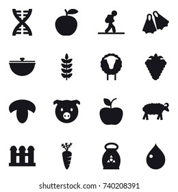 16 vector icon set : dna, tourist, flippers, cauldron, sheep, berry, mushroom, pig, apple, grain elevator, carrot, fertilizer, drop