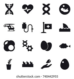 16 vector icon set : dna, shark flipper, seedling, hand leaf, egg