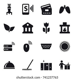 16 vector icon set : dna modify, mobile pay, credit card, library, fireplace, kolander, rake, clean  window, kitchen cleaning