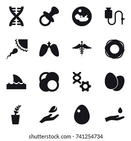 16 vector icon set : dna, nipple, lifebuoy, shark flipper, seedling, hand leaf, egg, hand and drop