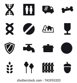 16 vector icon set : dna, wc, delivery, bone, project, shield, water tap, pan, spikelets, trees, fence, acorn