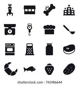 16 vector icon set : dna modify, market, hotel, kitchen scales, handle scales, chef  hat, ladle, fish, strawberry, potato
