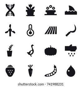 16 vector icon set : dna, flower, flower bed, shark flipper, field, sickle, seedling, goose, pumpkin, sow, strawberry, carrot, peas, drop