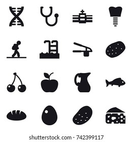 16 vector icon set : dna, tourist, pool, garlic clasp, cherry, apple, jug, fish, bread, egg, potato, cheese