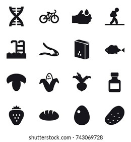16 vector icon set : dna, bike, tourist, pool, walnut crack, mushroom, corn, beet, pills bottle, strawberry, bread, egg, potato