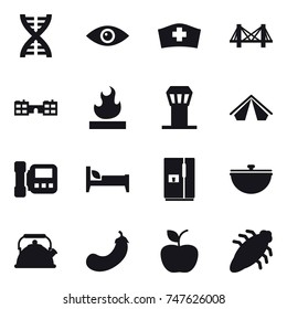 16 vector icon set : dna, bridge, school, airport tower, tent, intercome, bed, fridge, cauldron, kettle, eggplant, apple, bug