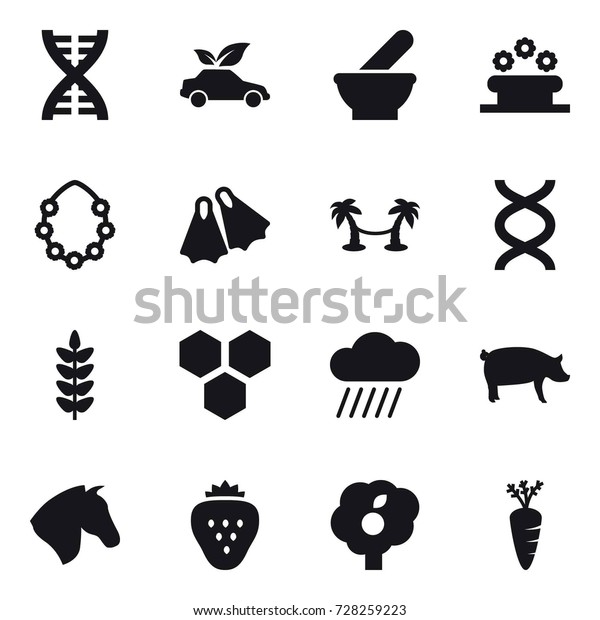 16 vector icon set : dna, eco\
car, flower bed, hawaiian wreath, flippers, palm hammock,\
honeycombs, rain cloud, pig, horse, strawberry, garden,\
carrot