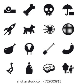 16 vector icon set : dog, sheep, shovel, eggplant, goose, cleanser, sponge with foam, garden cleaning