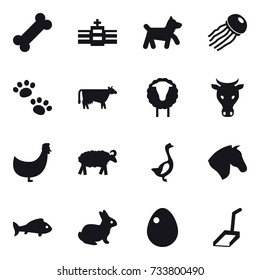 16 vector icon set : dog, jellyfish, pets, cow, sheep, chicken, goose, horse, fish, rabbit, egg, scoop