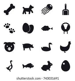16 vector icon set : dog, jellyfish, scoop, pets, sheep, pig, goose, chicken, fish, rabbit, egg