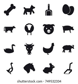 16 vector icon set : dog, scoop, cow, sheep, pig, goose, chicken, horse, rabbit