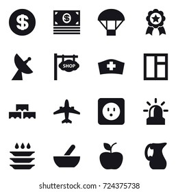 16 vector icon set : dollar, money, parachute, medal, satellite antenna, shop signboard, window, block wall, airplane, power socket, alarm, plate washing, mortar, apple, jug