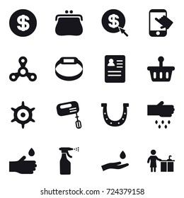 16 vector icon set : dollar, purse, dollar arrow, touch, spinner, smart bracelet, handwheel, mixer, horseshoe, sow, hand drop, sprayer, hand and drop, kitchen cleaning