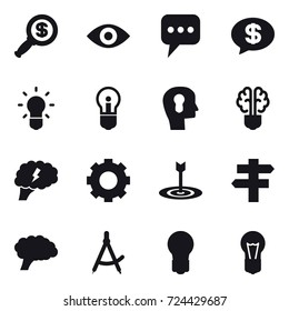 16 vector icon set : dollar magnifier, eye, message, money message, bulb, bulb head, bulb brain, brain, gear, target, singlepost, draw compass