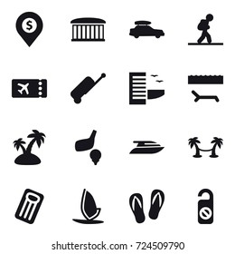 16 vector icon set : dollar pin, airport building, car baggage, tourist, ticket, suitcase, hotel, lounger, island, golf, yacht, palm hammock, inflatable mattress, windsurfing, flip-flops
