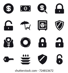 16 vector icon set : dollar, money, dollar arrow, lock, unlock, lounger, safe, shield, life vest, lifebuoy, locked, unlocked, key, plate washing