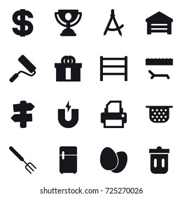 16 vector icon set : dollar, trophy, draw compass, garage, repair, lounger, signpost, colander, big fork, trash bin