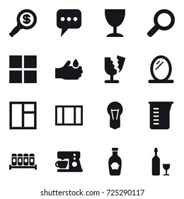 16 vector icon set : dollar magnifier, message, wineglass, window, mirror, measuring cup, wine