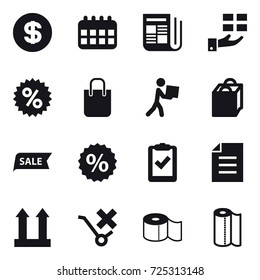 16 vector icon set : dollar, calendar, newspaper, gift, percent, shopping bag, courier, sale, toilet paper, paper towel