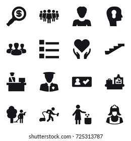 16 vector icon set : dollar magnifier, team, woman, bulb head, group, list, stairs, check in, baggage checking, garden cleaning, vacuum cleaner, garbage bin, cleaner