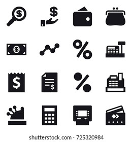 16 vector icon set : dollar magnifier, investment, wallet, purse, money, graph, percent, cashbox, receipt, account balance, calculator, atm, credit card
