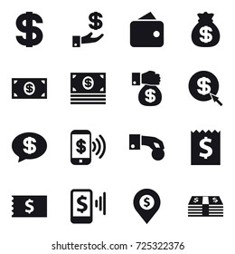 16 vector icon set : dollar, investment, wallet, money bag, money, money gift, dollar arrow, money message, phone pay, hand coin, receipt, mobile pay, dollar pin