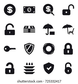 16 vector icon set : dollar, money, dollar arrow, unlock, lounger, key, shield, lifebuoy, locked, unlocked, plate washing
