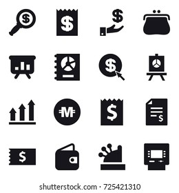 16 vector icon set : dollar magnifier, receipt, investment, purse, presentation, annual report, dollar arrow, graph up, crypto currency, account balance, wallet, cashbox, atm