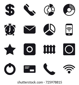 16 vector icon set : dollar, phone, circle diagram, alarm clock, mail, diagram, phone wireless, star, ring button, radiator