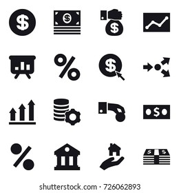 16 vector icon set : dollar, money, money gift, statistic, presentation, percent, dollar arrow, core splitting, graph up, virtual mining, hand coin, library, real estate