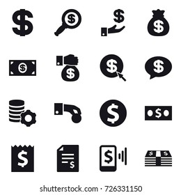 16 vector icon set : dollar, dollar magnifier, investment, money bag, money, money gift, dollar arrow, money message, virtual mining, hand coin, dollar coin, receipt, account balance, mobile pay