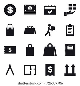 16 vector icon set : dollar, money, calendar, gift, shopping bag, courier, clipboard, receipt, copybook, drawing compass, plan