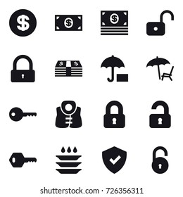 16 vector icon set : dollar, money, unlock, lock, lounger, key, life vest, locked, unlocked, plate washing