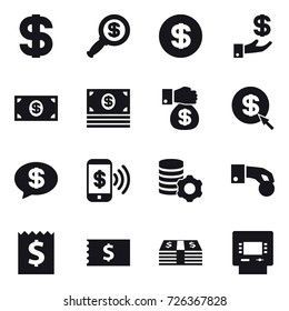 16 vector icon set : dollar, dollar magnifier, investment, money, money gift, dollar arrow, money message, phone pay, virtual mining, hand coin, receipt, atm