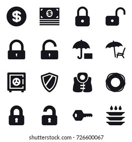 16 vector icon set : dollar, money, lock, unlock, lounger, safe, shield, life vest, lifebuoy, locked, unlocked, key, plate washing