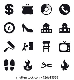 16 vector icon set : dollar, purse, circle diagram, phone, info, shoes, cottage, mansion, repair, chair, tv, slippers, scissors, fire