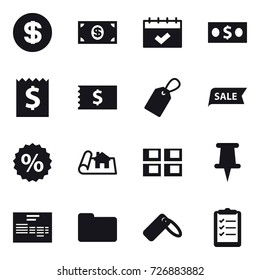 16 vector icon set : dollar, money, calendar, receipt, label, sale, percent, project, panel house, clipboard list