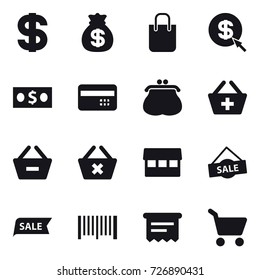 16 vector icon set : dollar, money bag, shopping bag, dollar arrow, money, credit card, purse, add to basket, remove from basket, delete cart, market, sale, barcode, atm receipt, cart