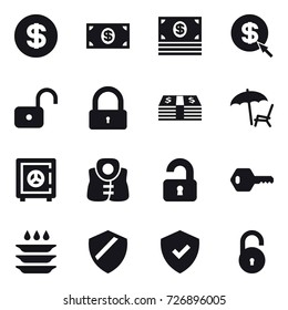 16 vector icon set : dollar, money, dollar arrow, unlock, lock, lounger, safe, life vest, unlocked, key, plate washing