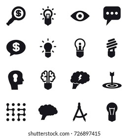 16 vector icon set : dollar magnifier, bulb, eye, message, money message, bulb head, bulb brain, brain, target, chip, draw compass
