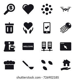 16 vector icon set : dollar magnifier, heart, round around, drone, bin, mobile checking, jellyfish, coffee maker, welcome mat, chef  hat, ladle, seeds, housing