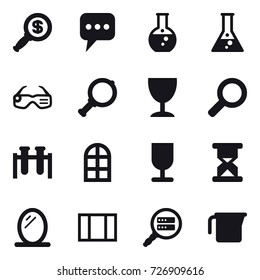 16 vector icon set : dollar magnifier, message, round flask, flask, smart glasses, magnifier, wineglass, arch window, mirror, window, measuring cup