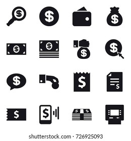 16 vector icon set : dollar magnifier, dollar, wallet, money bag, money, money gift, dollar arrow, money message, hand coin, receipt, account balance, mobile pay, atm