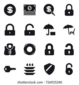 16 vector icon set : dollar, money, dollar arrow, lock, unlock, lounger, life vest, lifebuoy, locked, unlocked, key, plate washing
