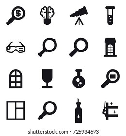 16 vector icon set : dollar magnifier, bulb brain, telescope, vial, smart glasses, magnifier, building, arch window, window, skyscrapers cleaning